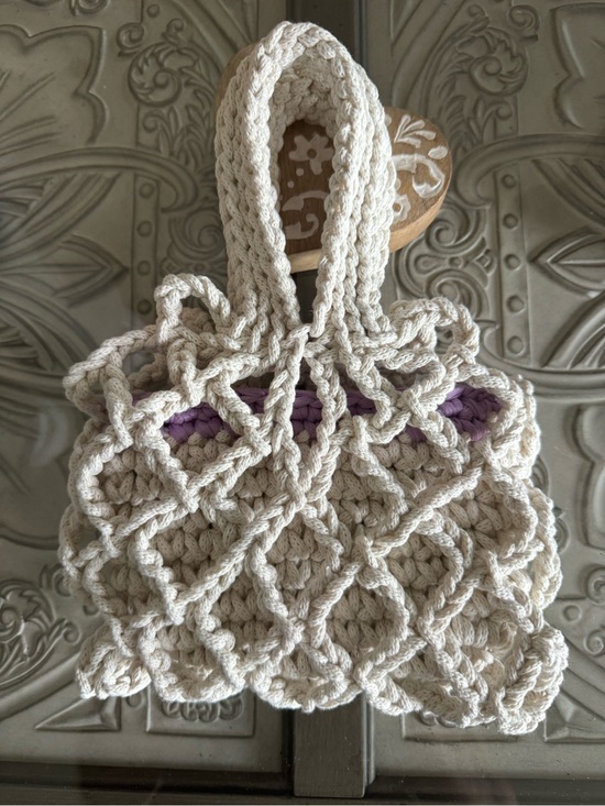 Handbags - Bonita Bolso Hand-Crocheted Cream and Purple Women’s Net Tote by Yvonne